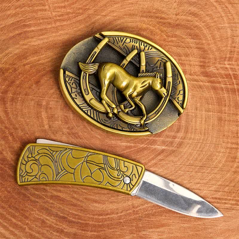 Herren DIY Bronze Galoppierendes Pferd Verstecktes Klappmesser Ledergürtel - image 2