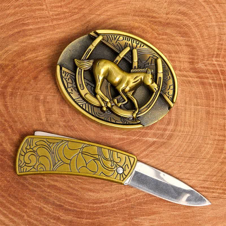 Herren DIY Bronze Galoppierendes Pferd Verstecktes Klappmesser Ledergürtel - image 2