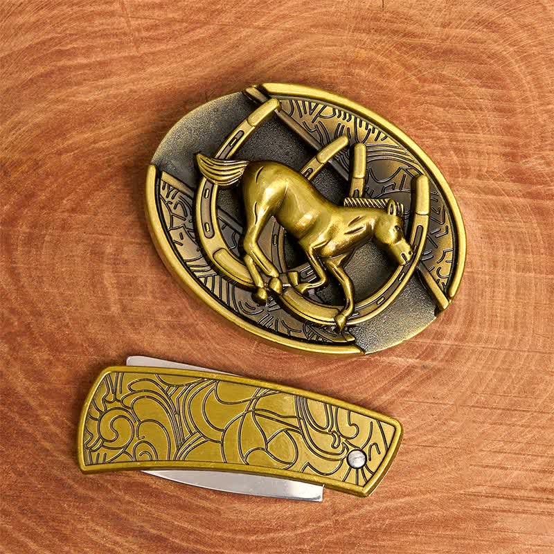Herren DIY Bronze Galoppierendes Pferd Verstecktes Klappmesser Ledergürtel - image 4