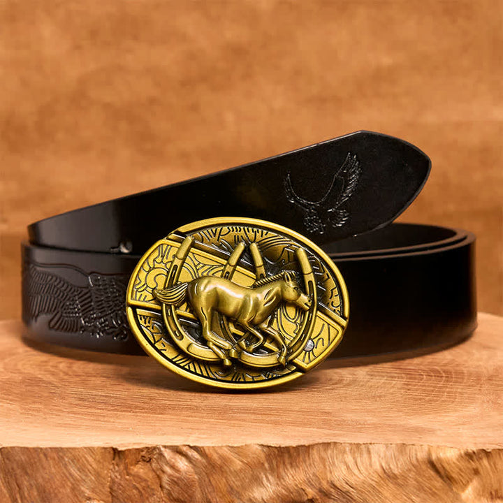 Herren DIY Bronze Galoppierendes Pferd Verstecktes Klappmesser Ledergürtel - Galoppierendes Pferd - Schwarzer Gürtel mit geprägtem Adler - 42 - image 7