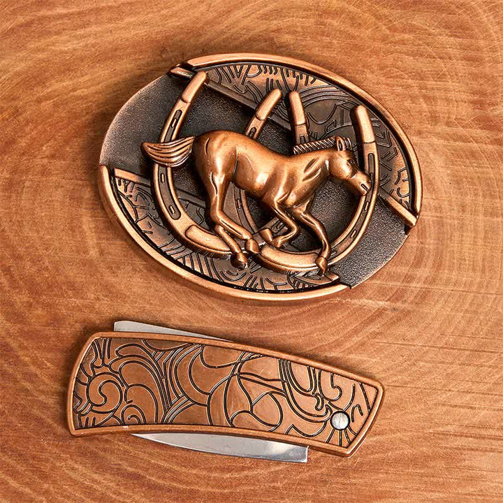 Herren DIY Rot Bronze Galoppierendes Pferd Verstecktes Klappmesser Ledergürtel - image 4