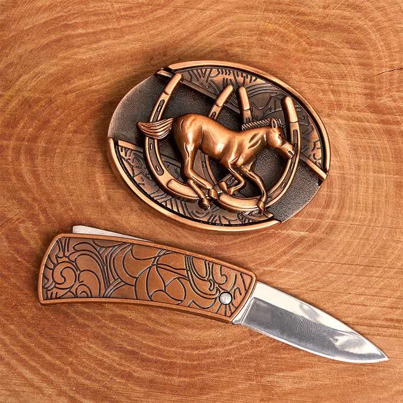 Herren DIY Rot Bronze Galoppierendes Pferd Verstecktes Klappmesser Ledergürtel - image 2