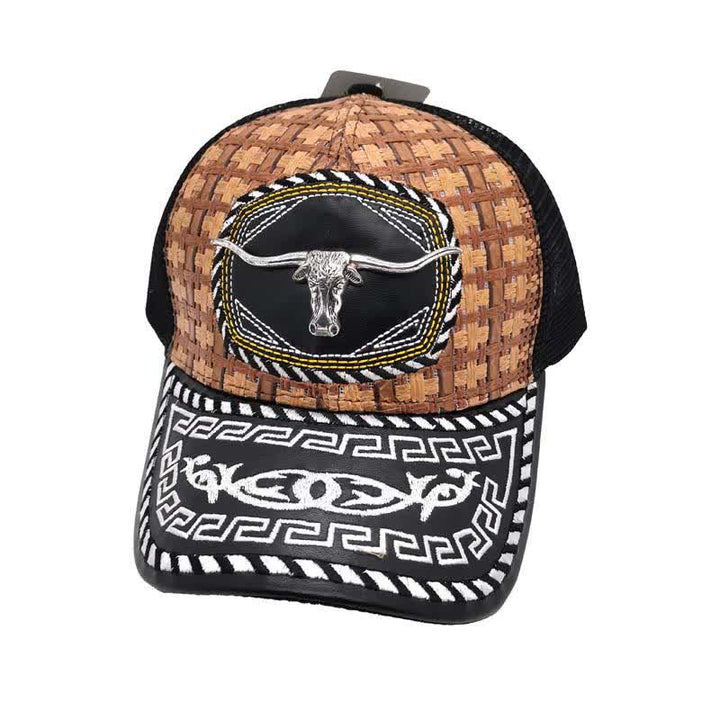 Braune gewebte Trucker-Mütze mit 3D-Metallmuster im mexikanischen Ethno-Stil (Vorverkauf) - Stier - M (22"-22 7/8") - image 1