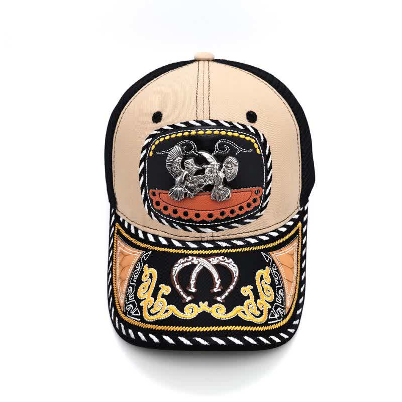 Beigefarbene Trucker-Mütze mit 3D-Metalldekor und Stickerei im mexikanischen Ethno-Stil (Vorverkauf) - image 12