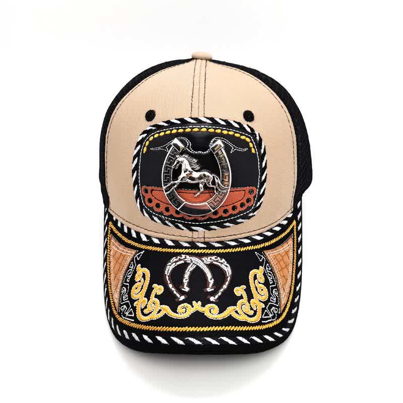 Beigefarbene Trucker-Mütze mit 3D-Metalldekor und Stickerei im mexikanischen Ethno-Stil (Vorverkauf) - image 3