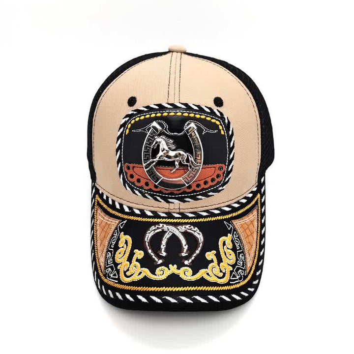 Beigefarbene Trucker-Mütze mit 3D-Metalldekor und Stickerei im mexikanischen Ethno-Stil (Vorverkauf) - image 3