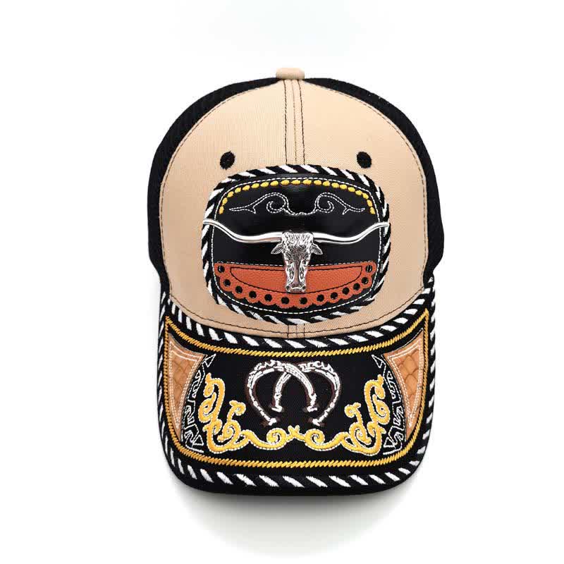 Beigefarbene Trucker-Mütze mit 3D-Metalldekor und Stickerei im mexikanischen Ethno-Stil (Vorverkauf) - image 5