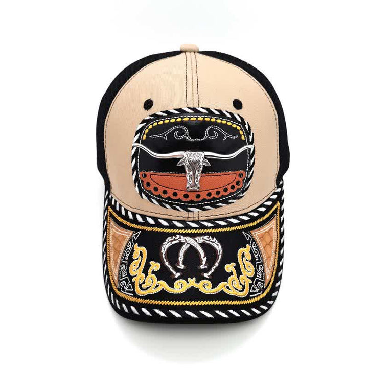 Beigefarbene Trucker-Mütze mit 3D-Metalldekor und Stickerei im mexikanischen Ethno-Stil (Vorverkauf) - image 5