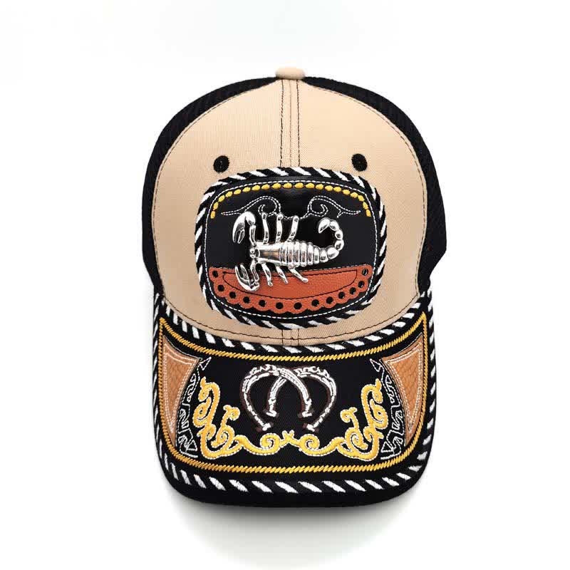 Beigefarbene Trucker-Mütze mit 3D-Metalldekor und Stickerei im mexikanischen Ethno-Stil (Vorverkauf) - Skorpion - Einstellbar (22"-23 5/8") - image 10