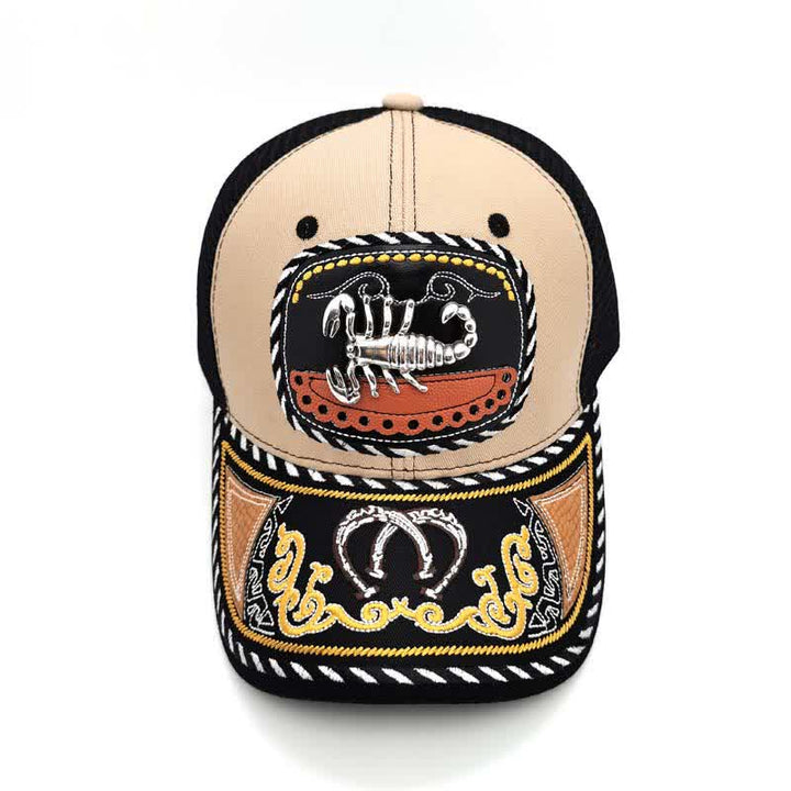 Beigefarbene Trucker-Mütze mit 3D-Metalldekor und Stickerei im mexikanischen Ethno-Stil (Vorverkauf) - Skorpion - Einstellbar (22"-23 5/8") - image 10
