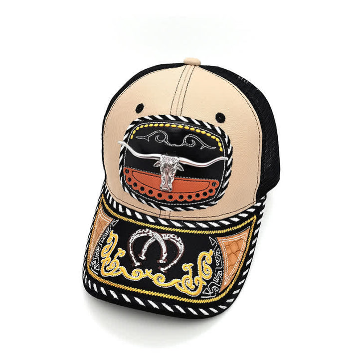 Beigefarbene Trucker-Mütze mit 3D-Metalldekor und Stickerei im mexikanischen Ethno-Stil (Vorverkauf) - Stier - Einstellbar (22"-23 5/8") - image 4
