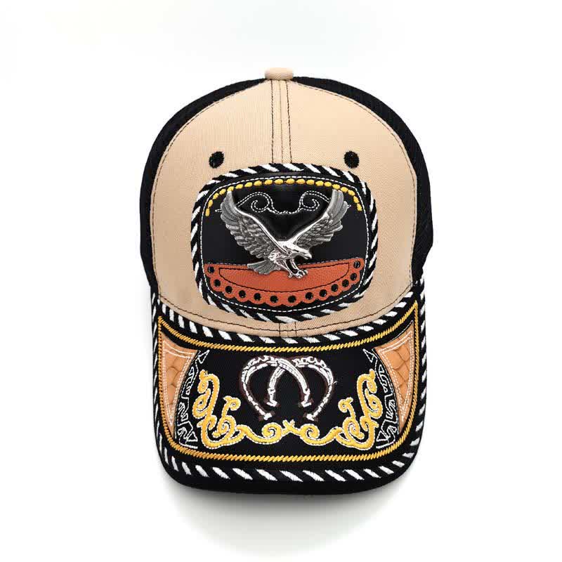 Beigefarbene Trucker-Mütze mit 3D-Metalldekor und Stickerei im mexikanischen Ethno-Stil (Vorverkauf) - image 7