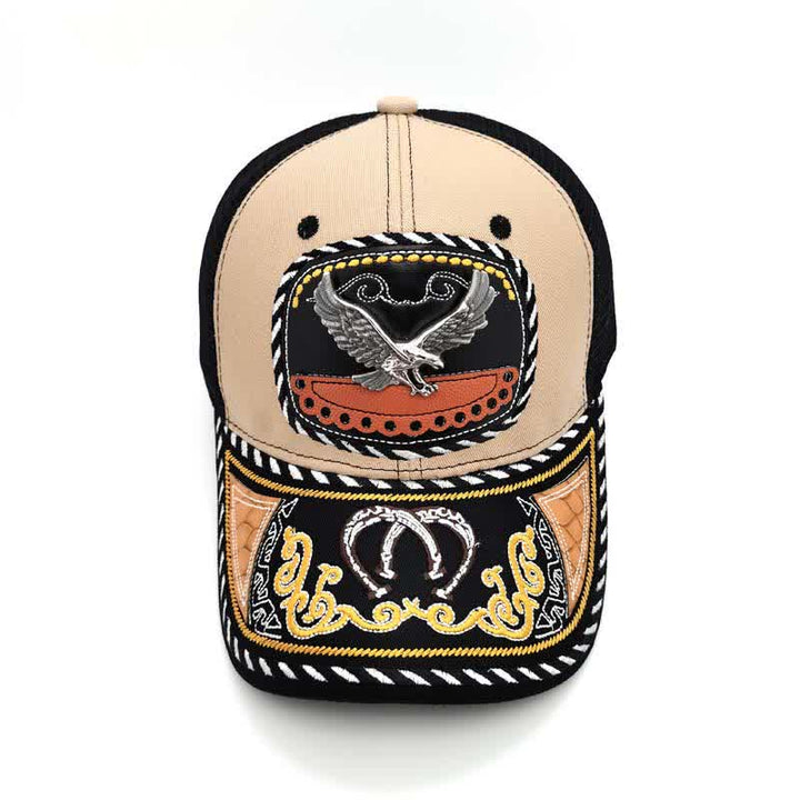 Beigefarbene Trucker-Mütze mit 3D-Metalldekor und Stickerei im mexikanischen Ethno-Stil (Vorverkauf) - image 7