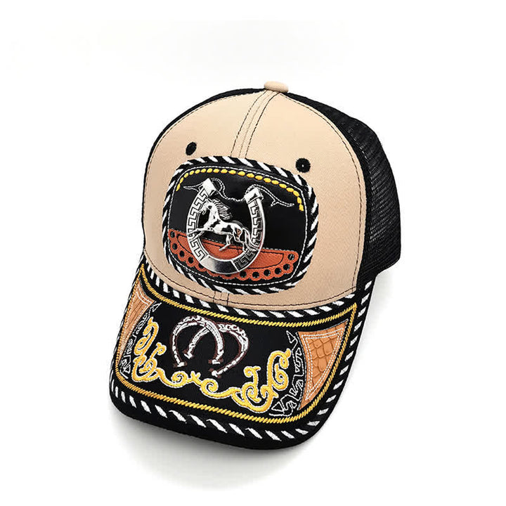 Beigefarbene Trucker-Mütze mit 3D-Metalldekor und Stickerei im mexikanischen Ethno-Stil (Vorverkauf) - Hufeisen - Einstellbar (22"-23 5/8") - image 1