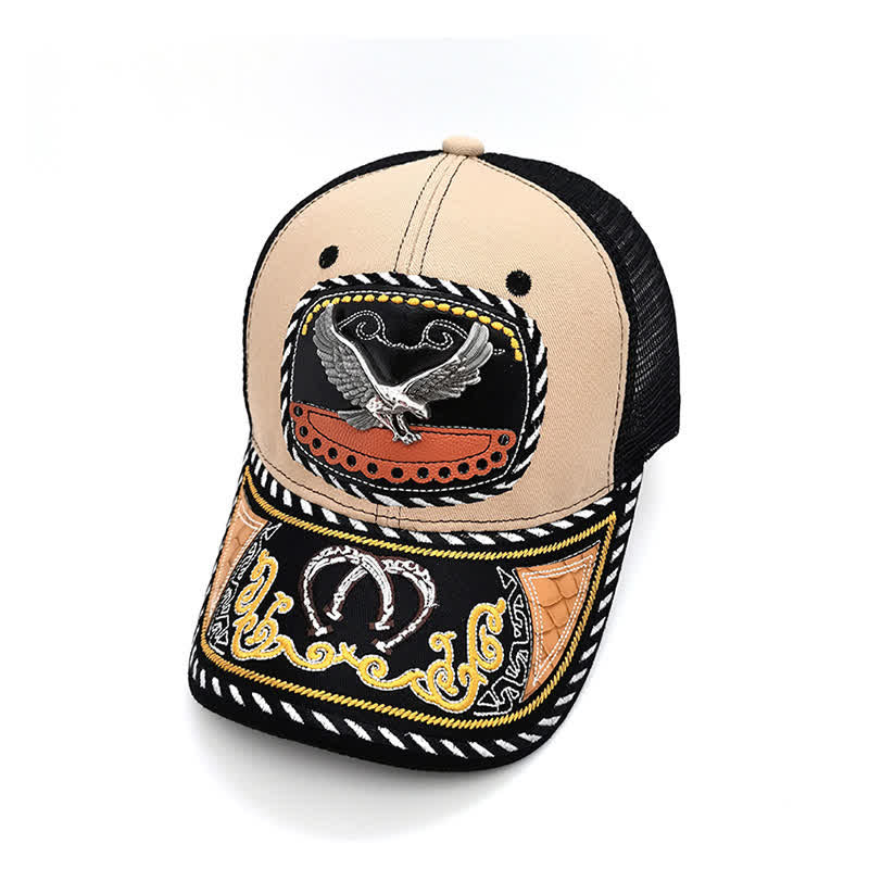 Beigefarbene Trucker-Mütze mit 3D-Metalldekor und Stickerei im mexikanischen Ethno-Stil (Vorverkauf) - Adler - Einstellbar (22"-23 5/8") - image 6