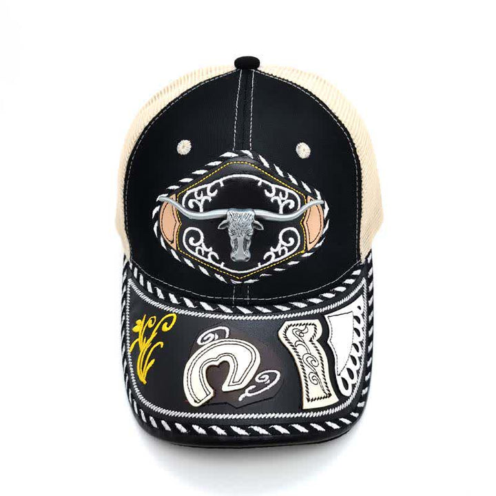 Schwarzer Trucker-Hut mit 3D-Metalldekor im ethnischen mexikanischen Beige-Mesh-Stil (Vorverkauf) - image 3