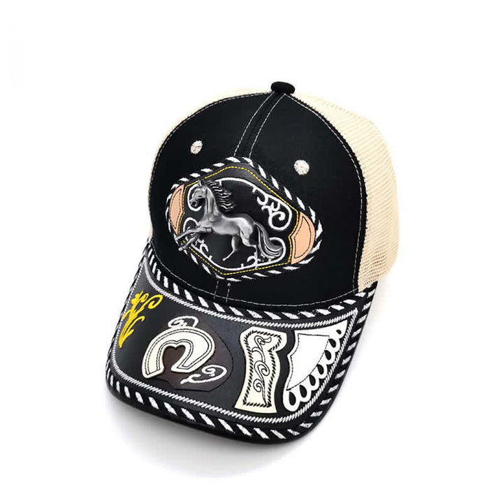 Schwarzer Trucker-Hut mit 3D-Metalldekor im ethnischen mexikanischen Beige-Mesh-Stil (Vorverkauf) - Pferd - Einstellbar (ca. 22"-23 5/8") - image 4