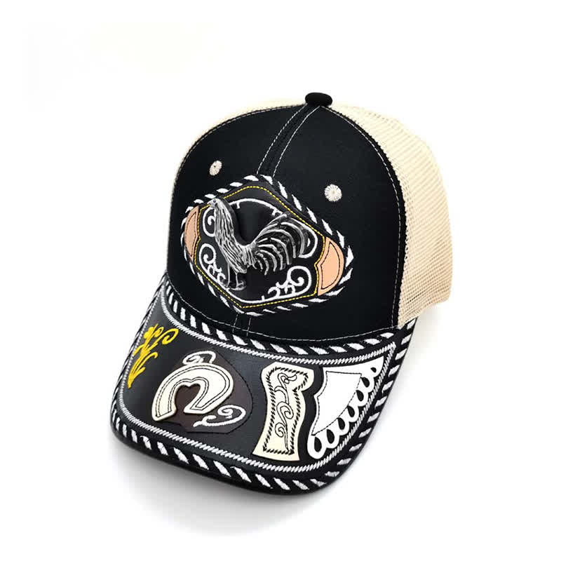Schwarzer Trucker-Hut mit 3D-Metalldekor im ethnischen mexikanischen Beige-Mesh-Stil (Vorverkauf) - Hahn - Einstellbar (ca. 22"-23 5/8") - image 6