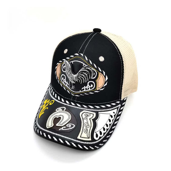 Schwarzer Trucker-Hut mit 3D-Metalldekor im ethnischen mexikanischen Beige-Mesh-Stil (Vorverkauf) - Hahn - Einstellbar (ca. 22"-23 5/8") - image 6