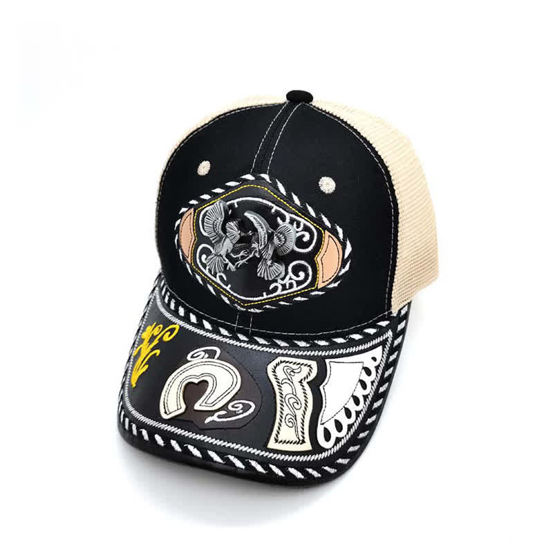 Schwarzer Trucker-Hut mit 3D-Metalldekor im ethnischen mexikanischen Beige-Mesh-Stil (Vorverkauf) - Vögel - Einstellbar (ca. 22"-23 5/8") - image 10