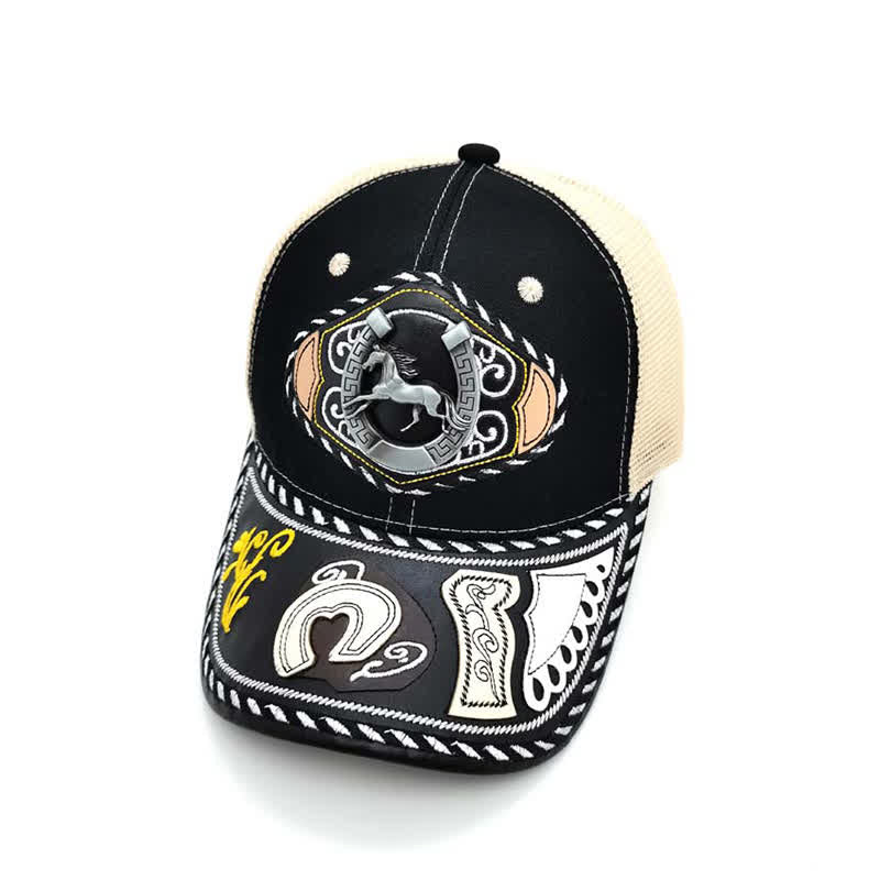 Schwarzer Trucker-Hut mit 3D-Metalldekor im ethnischen mexikanischen Beige-Mesh-Stil (Vorverkauf) - Hufeisen - Einstellbar (ca. 22"-23 5/8") - image 12
