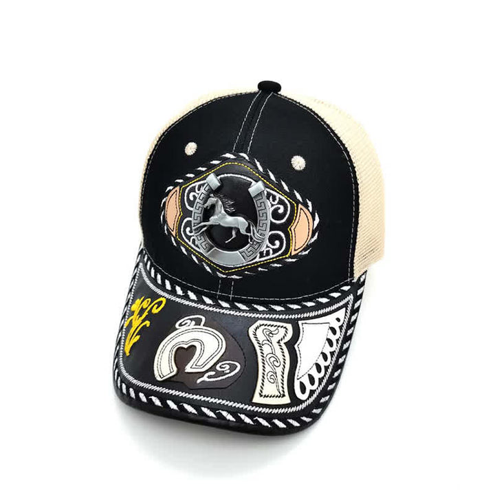 Schwarzer Trucker-Hut mit 3D-Metalldekor im ethnischen mexikanischen Beige-Mesh-Stil (Vorverkauf) - Hufeisen - Einstellbar (ca. 22"-23 5/8") - image 12