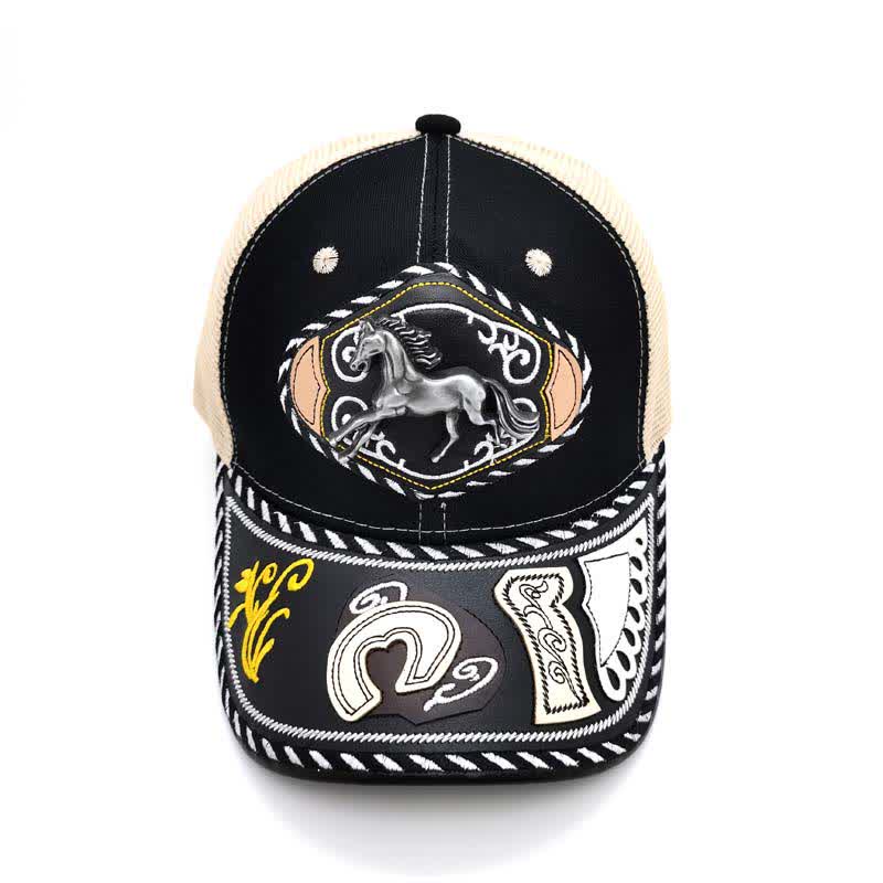 Schwarzer Trucker-Hut mit 3D-Metalldekor im ethnischen mexikanischen Beige-Mesh-Stil (Vorverkauf) - image 5