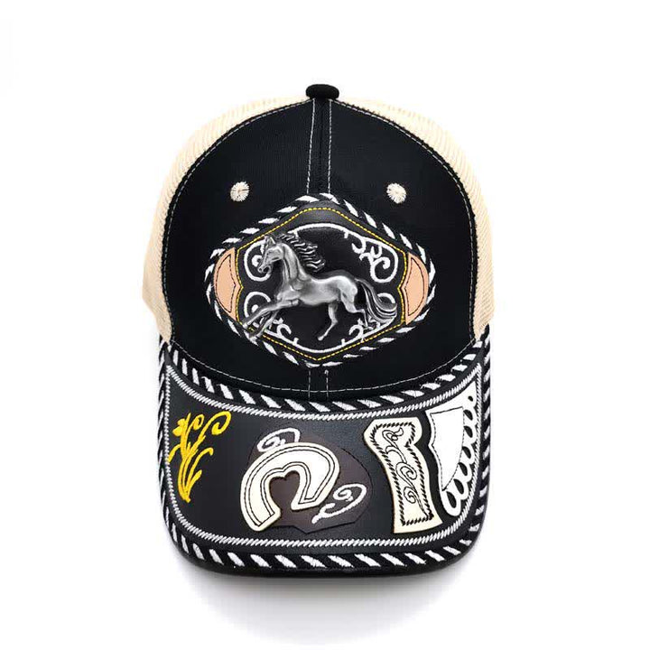Schwarzer Trucker-Hut mit 3D-Metalldekor im ethnischen mexikanischen Beige-Mesh-Stil (Vorverkauf) - image 5