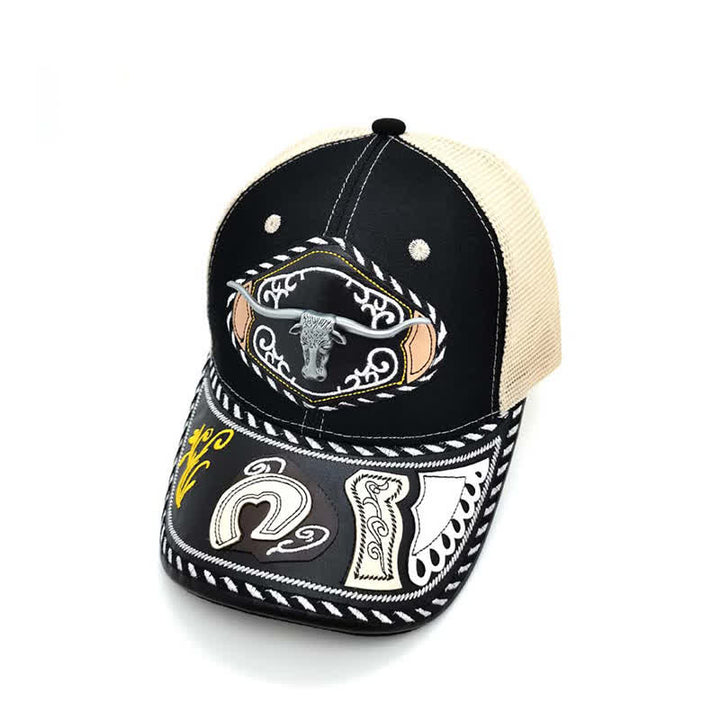 Schwarzer Trucker-Hut mit 3D-Metalldekor im ethnischen mexikanischen Beige-Mesh-Stil (Vorverkauf) - Stier - Einstellbar (ca. 22"-23 5/8") - image 1