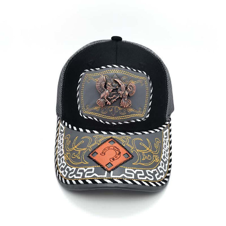 Kupferfarbene Truck-Mütze mit 3D-Metalldekor im ethnischen mexikanischen Grau-Mesh-Stil (Vorverkauf) - image 12