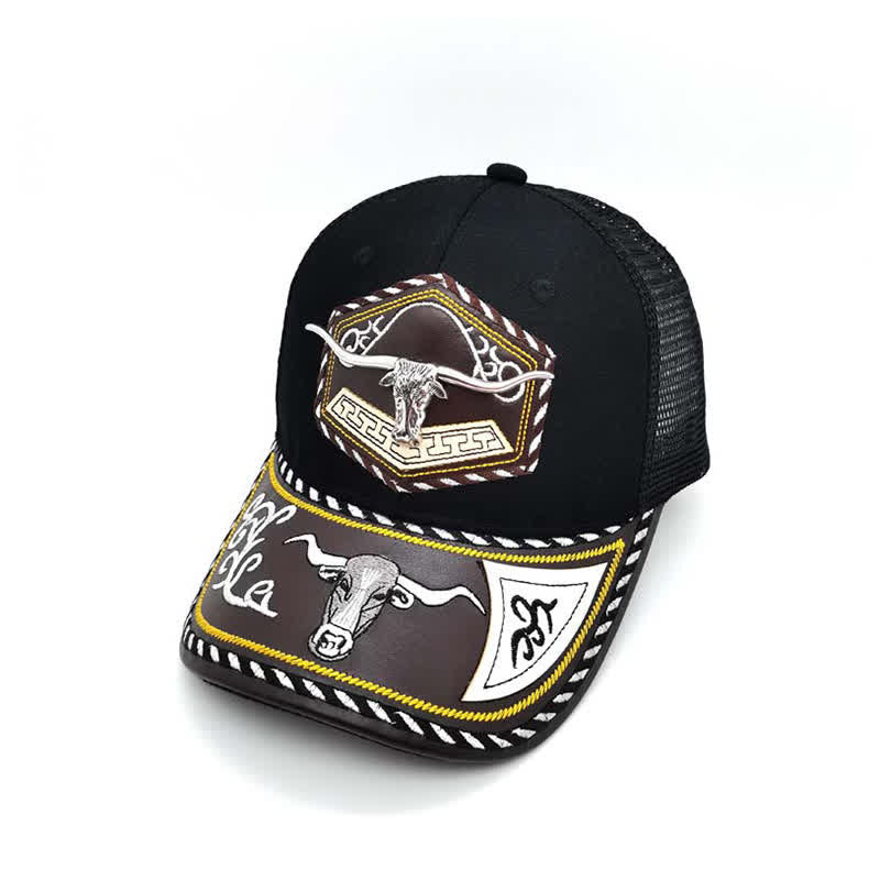 Silberne Trucker-Mütze mit 3D-Metalldekor und Western-Stickerei, schwarzes Netzgewebe (Vorverkauf) - Stier - Einstellbar (ca. 22"-23 5/8") - image 4