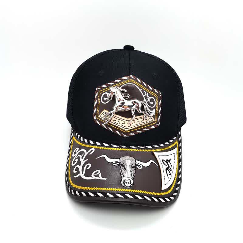 Silberne Trucker-Mütze mit 3D-Metalldekor und Western-Stickerei, schwarzes Netzgewebe (Vorverkauf) - image 12