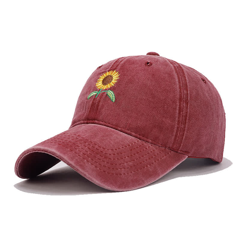Verstellbare Baseballkappe mit Sonnenblumen-Stickerei und Blumenmuster - Burgund - Einstellbar (ca. 21 5/8"-22 7/8") - image 8