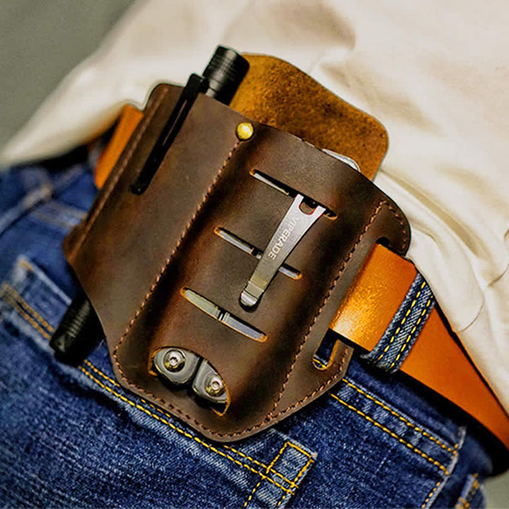 EDC Werkzeugaufbewahrung Holster Klappmesser Taschenlampe Leder Gürteltasche - Dunkelbraun - image 1