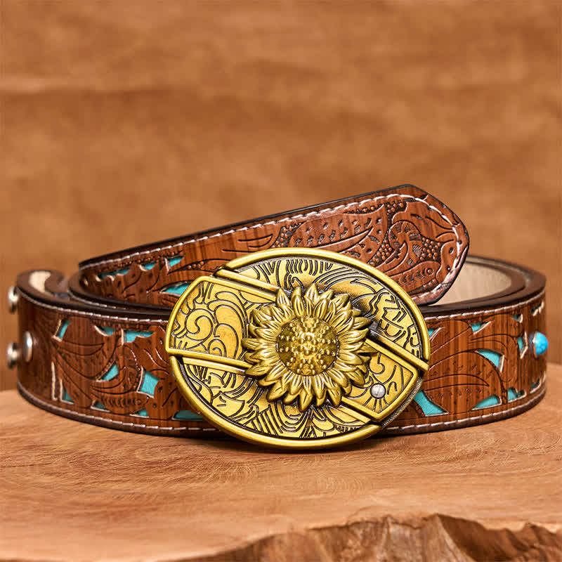 Herren DIY Bronze Sonnenblume verstecktes Klappmesser Ledergürtel - Sonnenblume - Türkisfarbener geschnitzter Gürtel - 42 - image 6