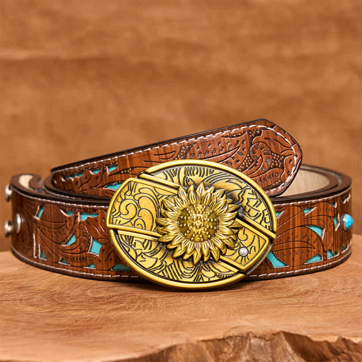 Herren DIY Bronze Sonnenblume verstecktes Klappmesser Ledergürtel - Sonnenblume - Türkisfarbener geschnitzter Gürtel - 42 - image 6