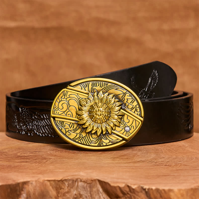 Herren DIY Bronze Sonnenblume verstecktes Klappmesser Ledergürtel - Sonnenblume - Schwarzer Gürtel mit geprägtem Adler - 42 - image 7