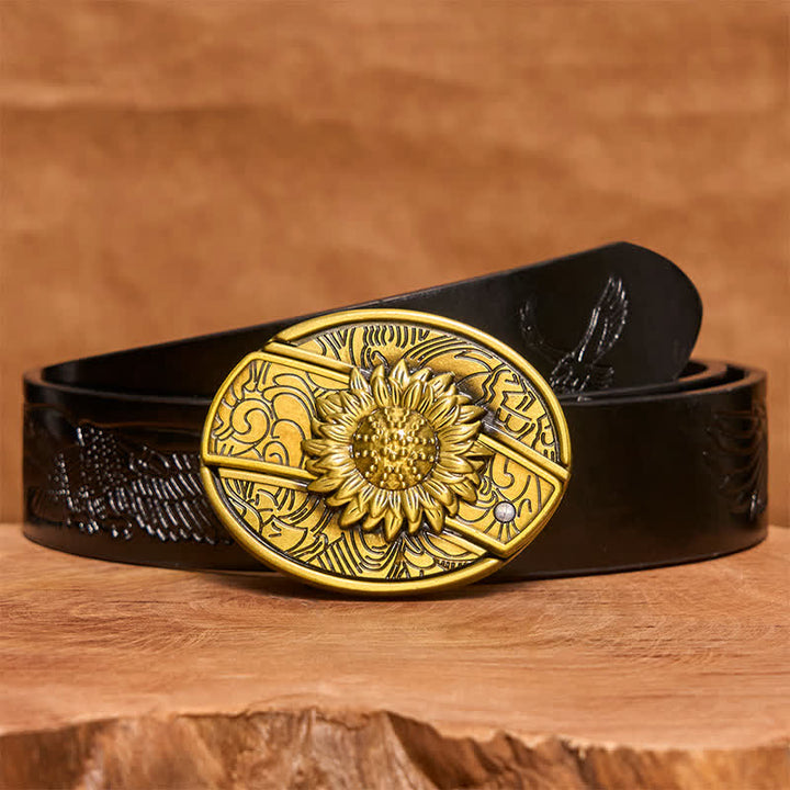 Herren DIY Bronze Sonnenblume verstecktes Klappmesser Ledergürtel - Sonnenblume - Schwarzer Gürtel mit geprägtem Adler - 42 - image 7