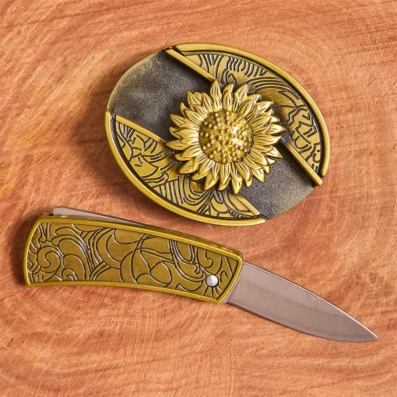Herren DIY Bronze Sonnenblume verstecktes Klappmesser Ledergürtel - image 2