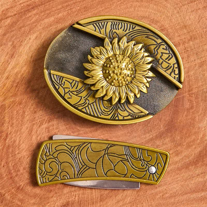 Herren DIY Bronze Sonnenblume verstecktes Klappmesser Ledergürtel - image 3