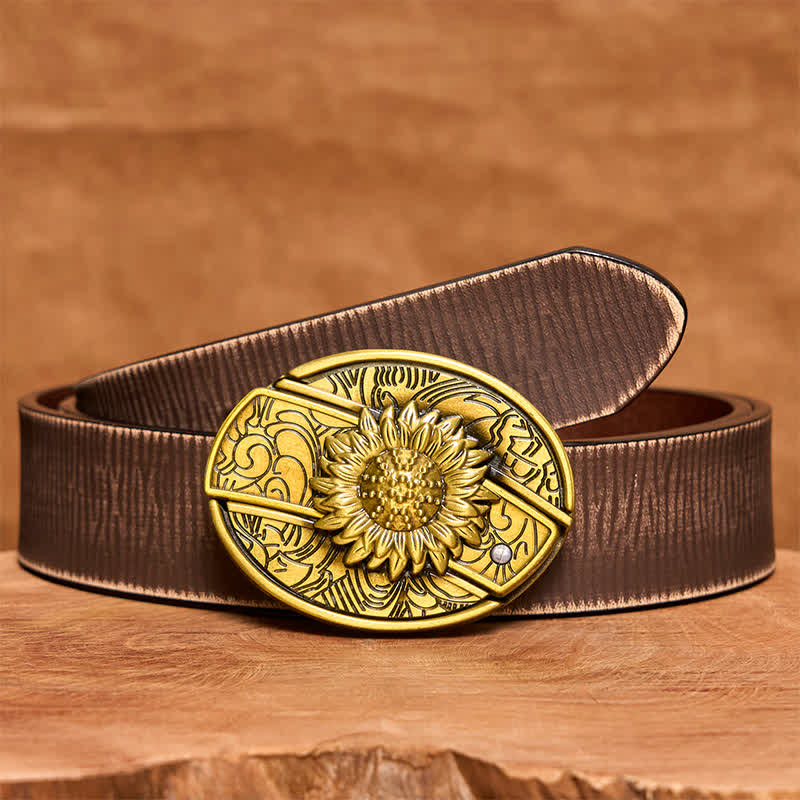Herren DIY Bronze Sonnenblume verstecktes Klappmesser Ledergürtel - Sonnenblume - Brauner Distressed-Gürtel - 42 - image 9