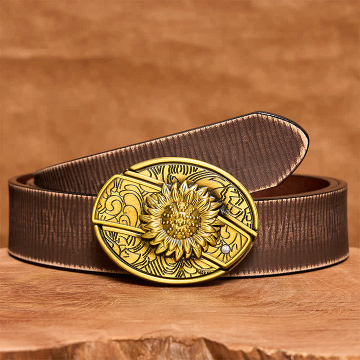 Herren DIY Bronze Sonnenblume verstecktes Klappmesser Ledergürtel - Sonnenblume - Brauner Distressed-Gürtel - 42 - image 9