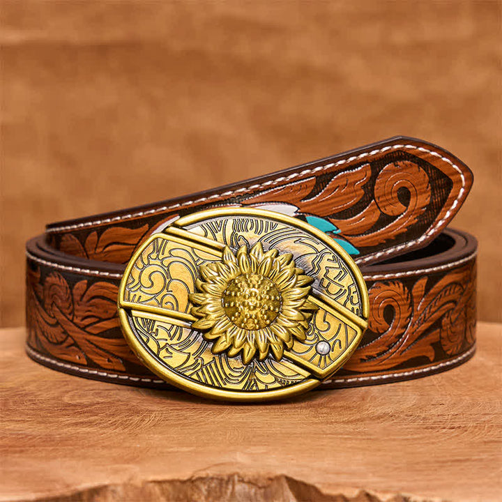 Herren DIY Bronze Sonnenblume verstecktes Klappmesser Ledergürtel - Sonnenblume - Brauner Federgürtel - 40 - image 10