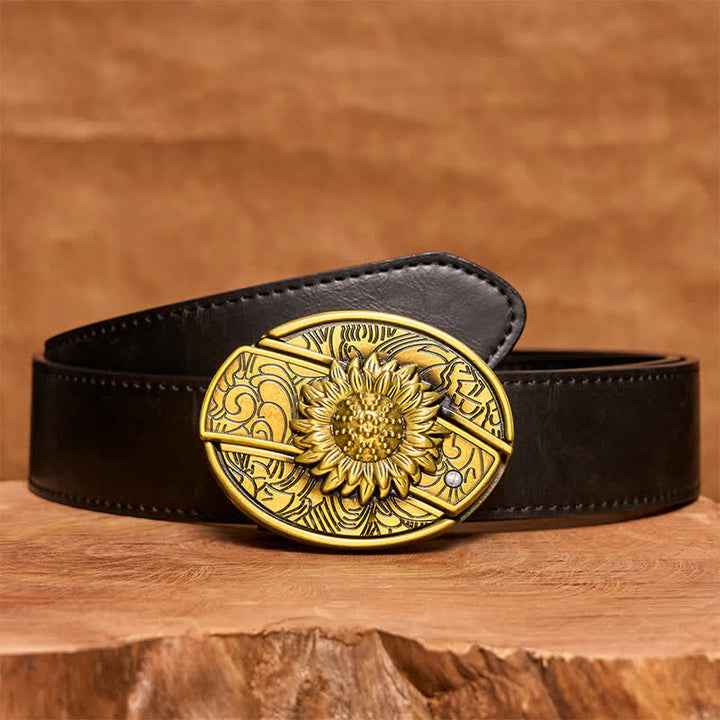 Herren DIY Bronze Sonnenblume verstecktes Klappmesser Ledergürtel - Sonnenblume - Schwarzer PU-Gürtel - 42 - image 5