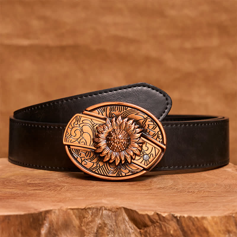 Herren DIY Rot Bronze Sonnenblume Verstecktes Klappmesser Ledergürtel - Sonnenblume - Schwarzer PU-Gürtel - 42 - image 5
