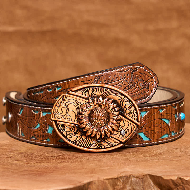 Herren DIY Rot Bronze Sonnenblume Verstecktes Klappmesser Ledergürtel - Sonnenblume - Türkisfarbener geschnitzter Gürtel - 42 - image 6