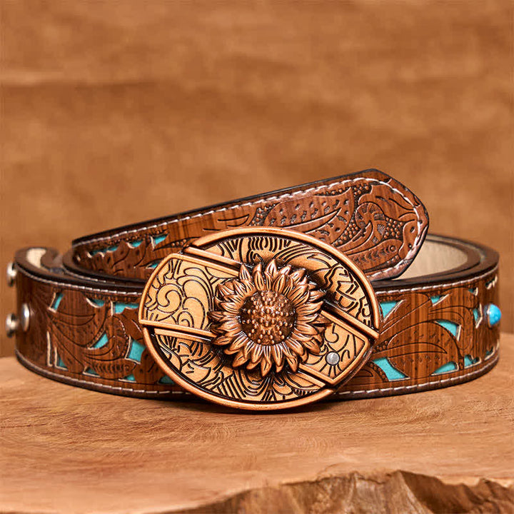 Herren DIY Rot Bronze Sonnenblume Verstecktes Klappmesser Ledergürtel - Sonnenblume - Türkisfarbener geschnitzter Gürtel - 42 - image 6