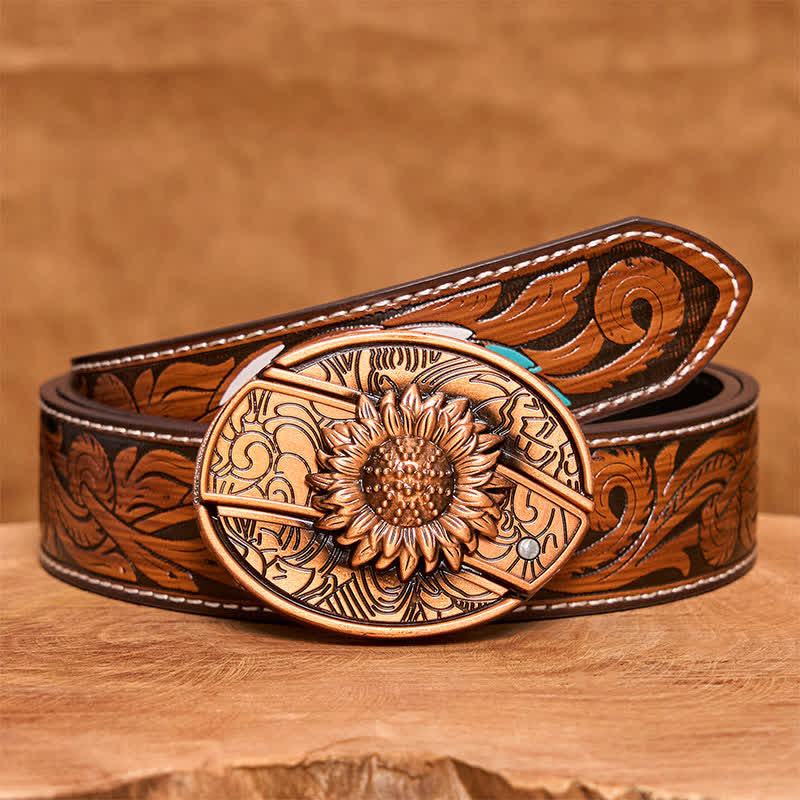 Herren DIY Rot Bronze Sonnenblume Verstecktes Klappmesser Ledergürtel - Sonnenblume - Brauner Federgürtel - 40 - image 10