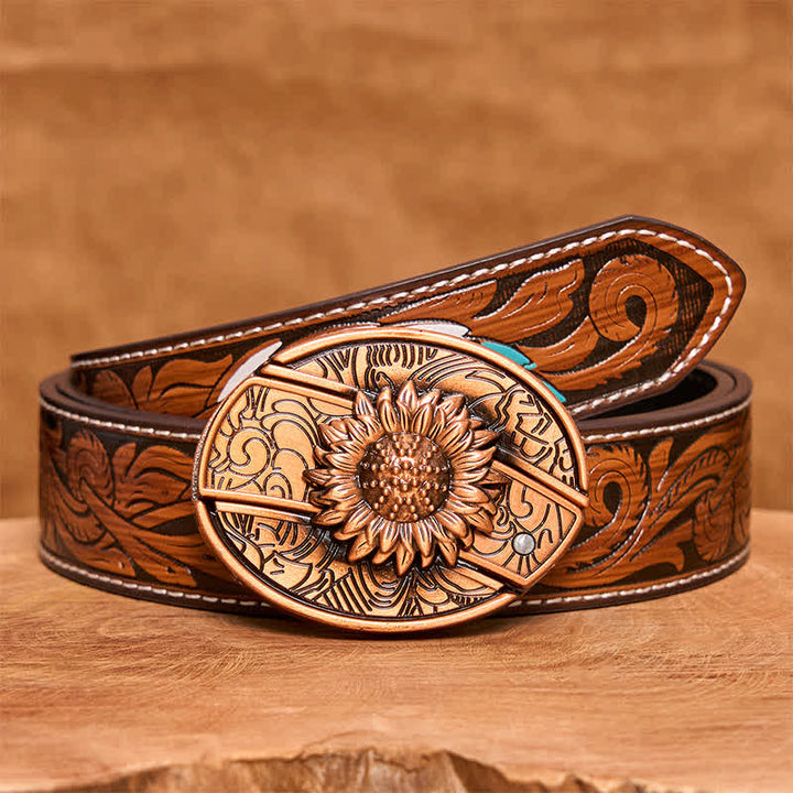 Herren DIY Rot Bronze Sonnenblume Verstecktes Klappmesser Ledergürtel - Sonnenblume - Brauner Federgürtel - 40 - image 10