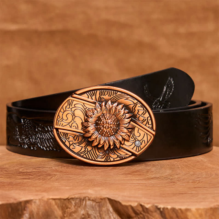 Herren DIY Rot Bronze Sonnenblume Verstecktes Klappmesser Ledergürtel - Sonnenblume - Schwarzer Gürtel mit geprägtem Adler - 42 - image 7